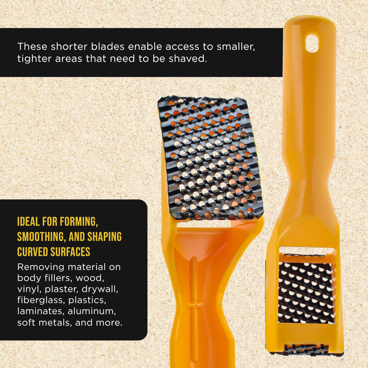 Dura-Gold surform blade in auto body work shaping curved surfaces.