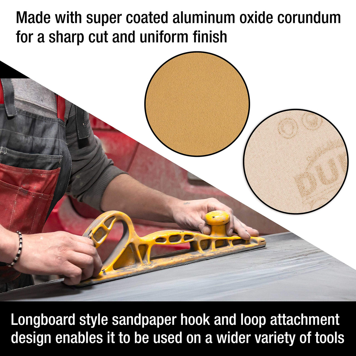 Dura-Gold sanding paper applied to woodworking, metalworking, fiberglass, and plastics projects.