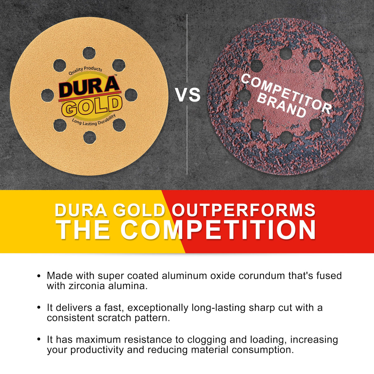 Dura-Gold coarse grit disc removes scratches on wood and paint.