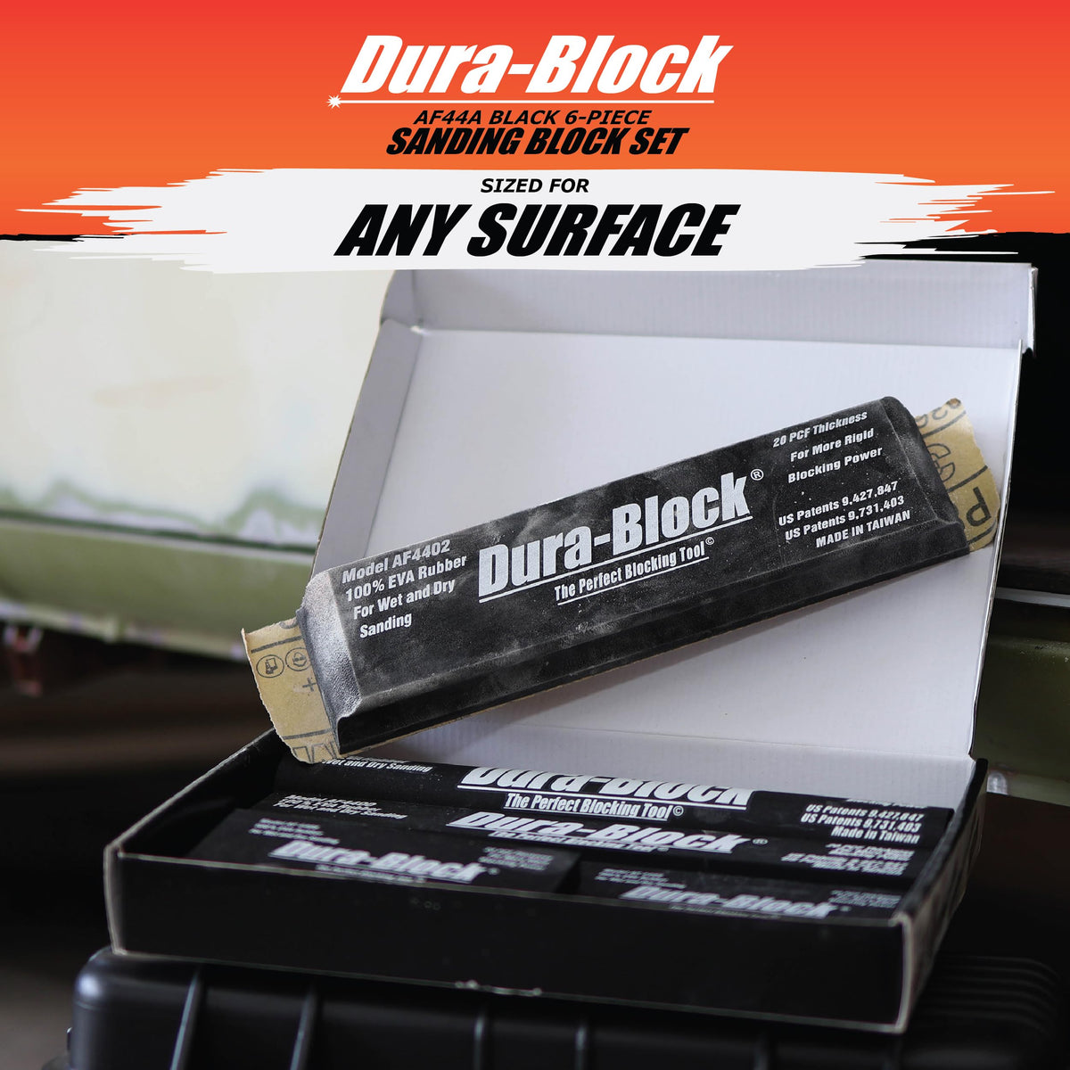 Dura-Block kit shows PSA sandpaper attachment for even pressure.