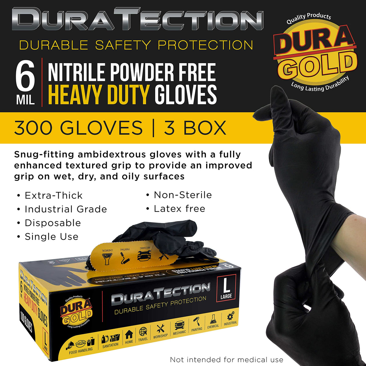 Dura-Gold 6-mil nitrile gloves with textured grip.