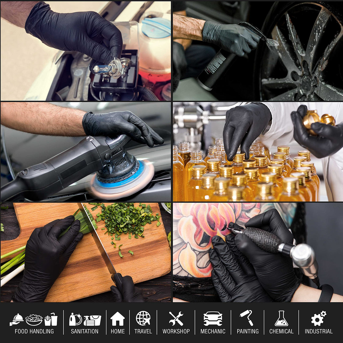 Dura-Gold black nitrile gloves hide stains and grime.