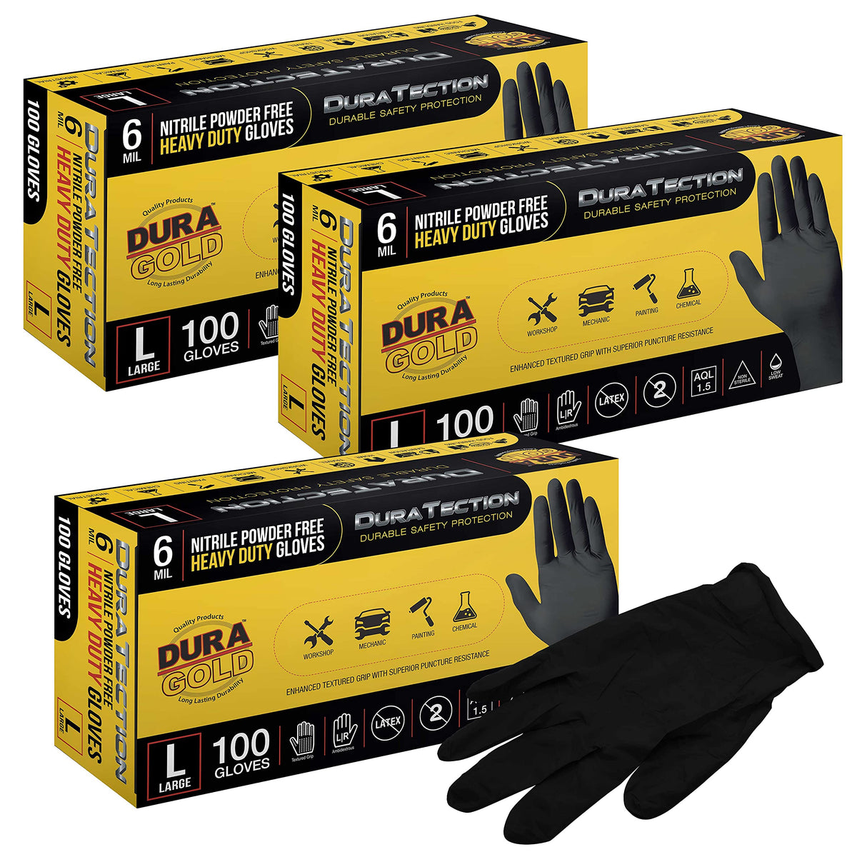Dura-Gold box of 100 black nitrile gloves for heavy-duty tasks.