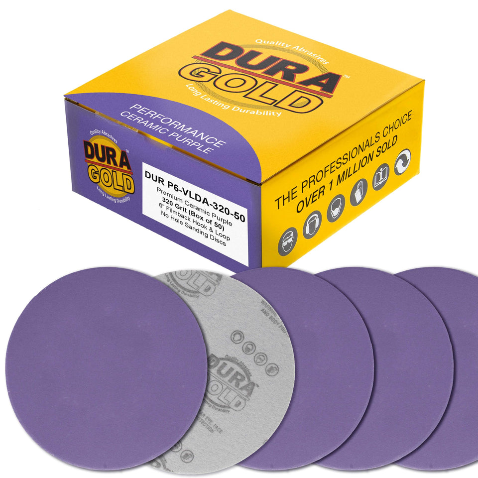 Dura-Gold box of 50 6in 320 grit purple film ceramic discs for fast material removal.