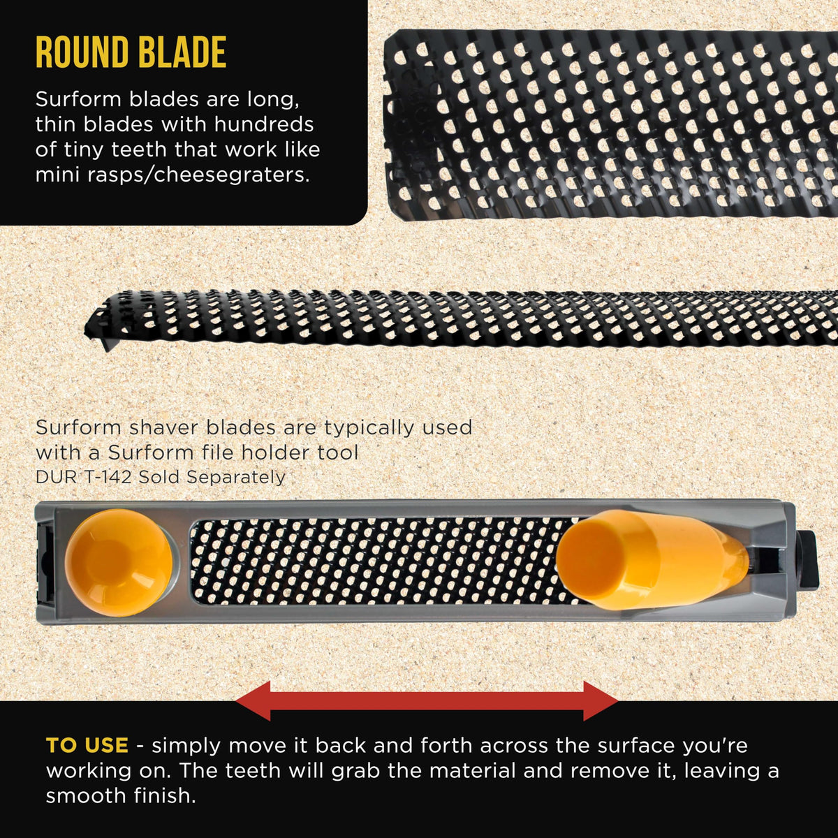 Dura-Gold curved-surface finishing blade for shaping bends on multiple materials.