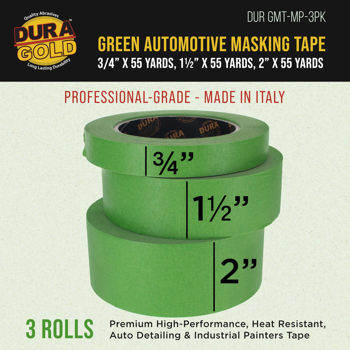 Dura-Gold green automotive masking tape 1-1/2-inch application with clean removal and no residue.