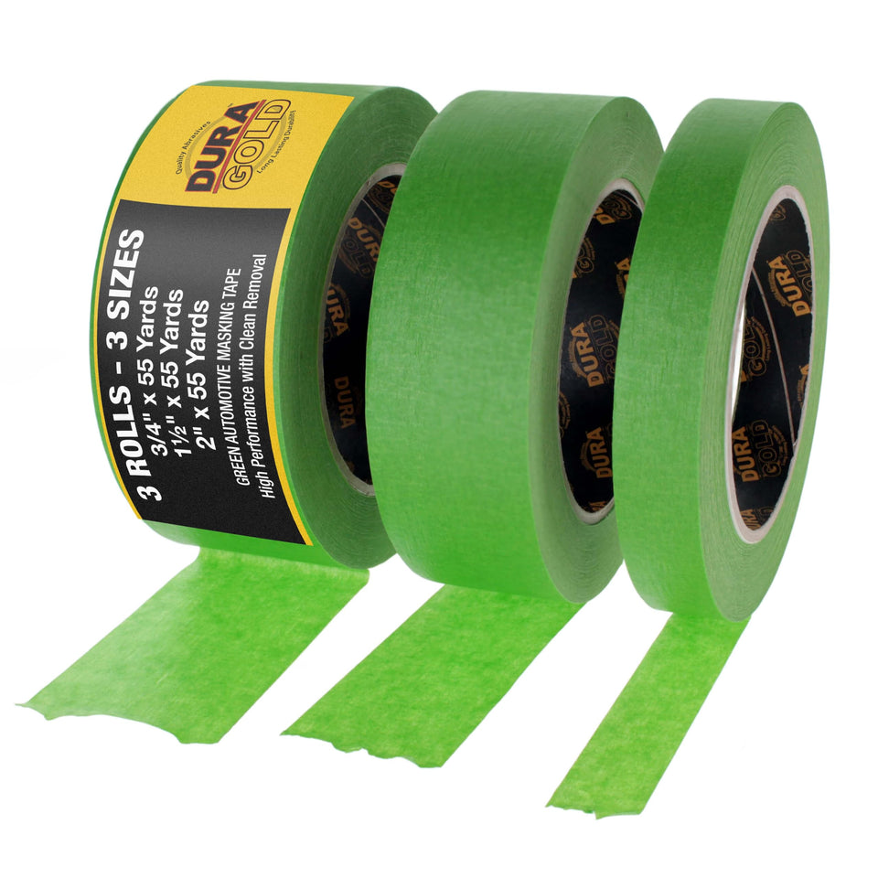 Dura-Gold green automotive masking tape in use for precise 3-4 inch masking on curved surfaces.