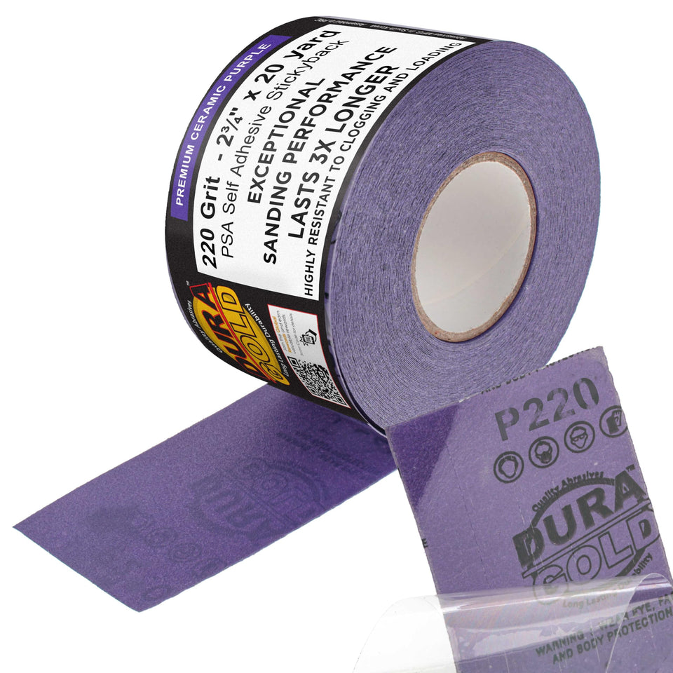 Dura-Gold premium 220 grit purple film ceramic longboard sandpaper roll for fast cutting.
