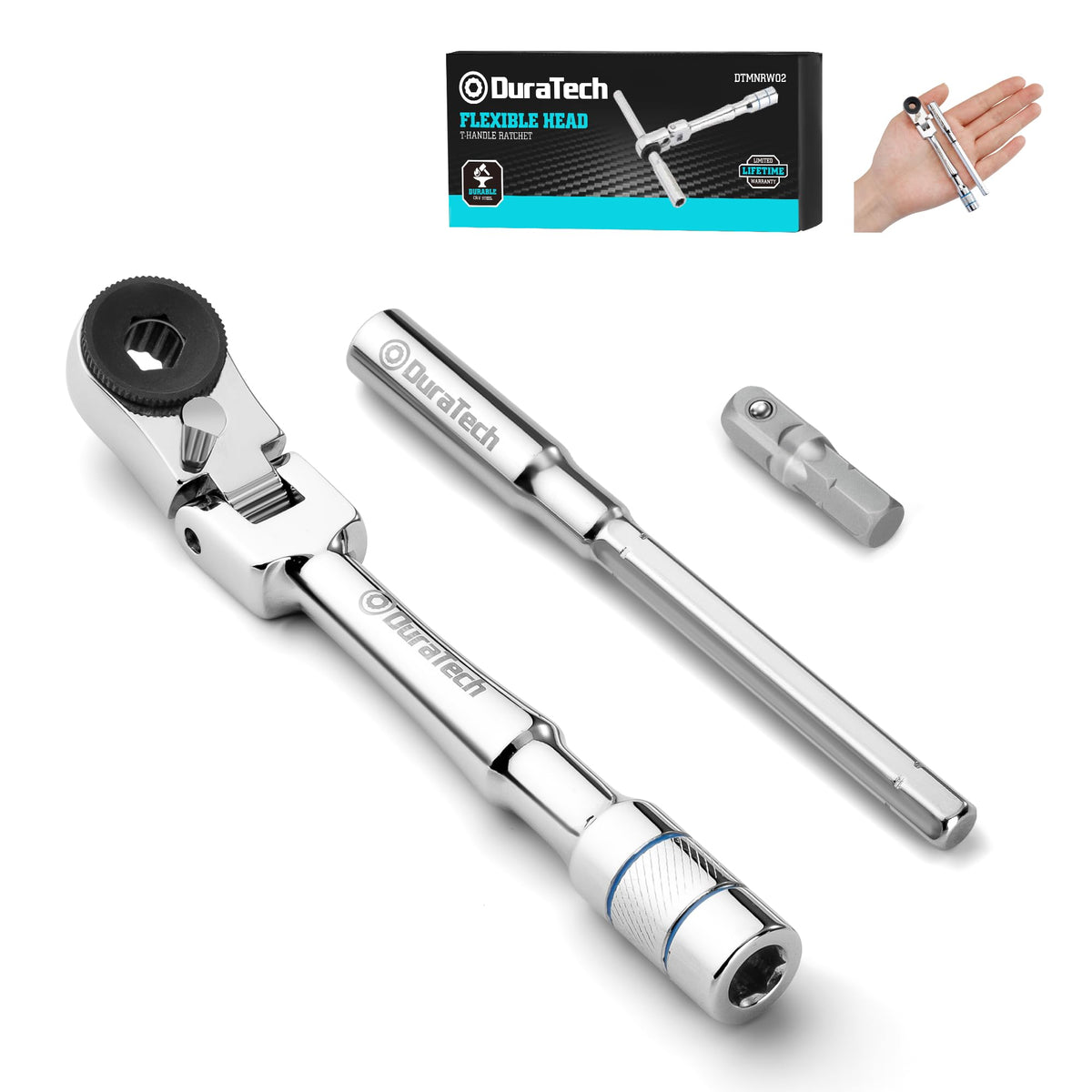 Duratech 1/4 flex-head T-handle ratchet offering flexible reach in tight spots