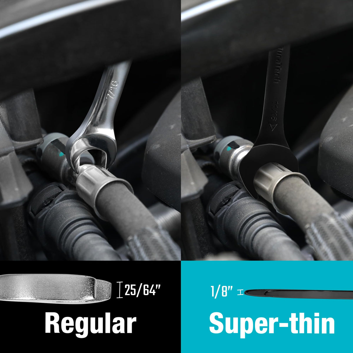 DURATECH 1/8 in super-thin wrenches reach tight clearance with precise fit.
