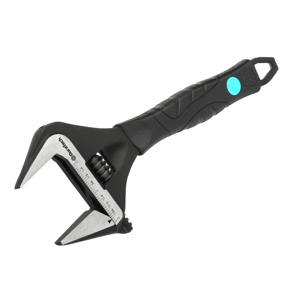 DURATECH 10-Inch adjustable wrench with wide jaw opening for large fasteners.