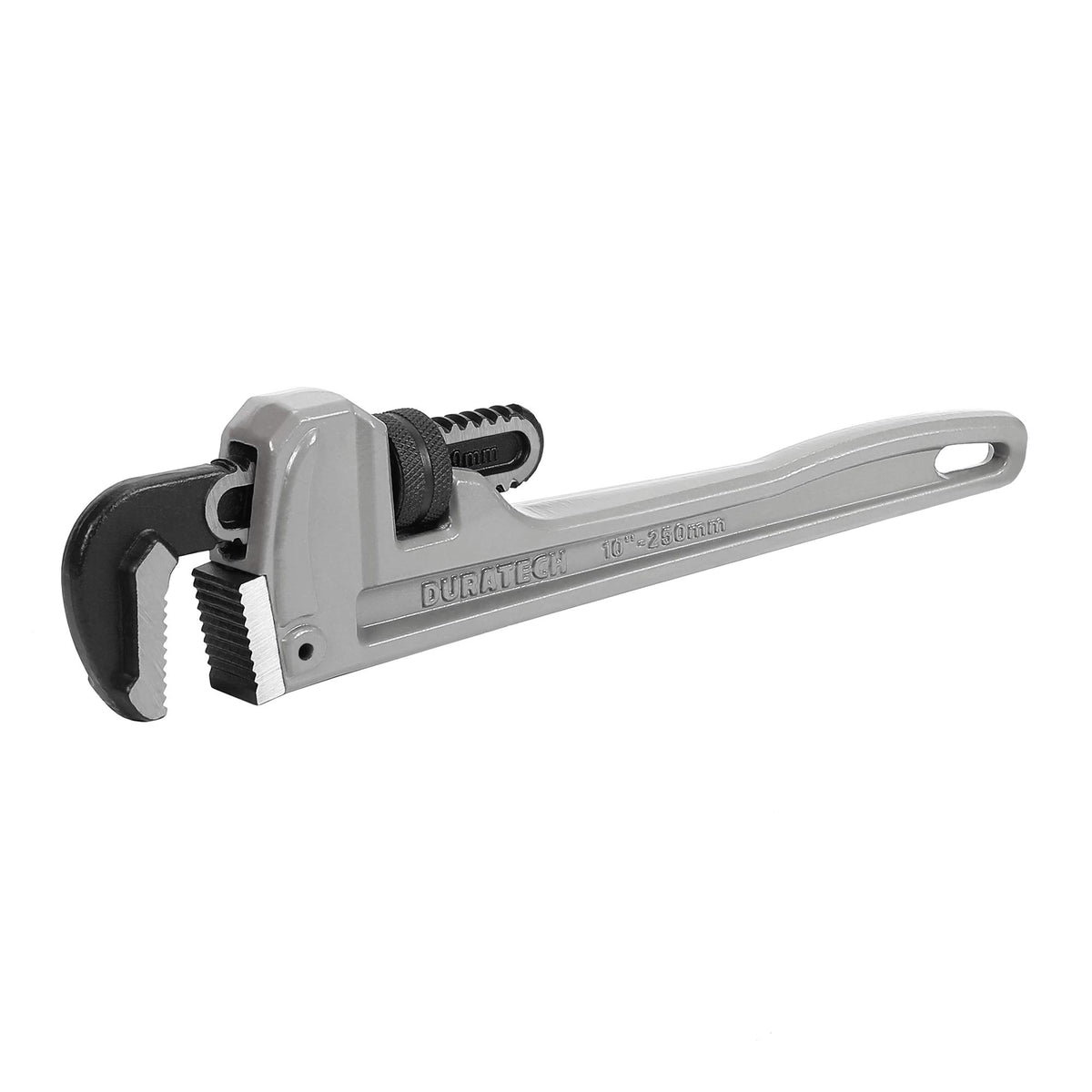 DURATECH 10-inch aluminum pipe wrench front view showing slim profile for tight spaces