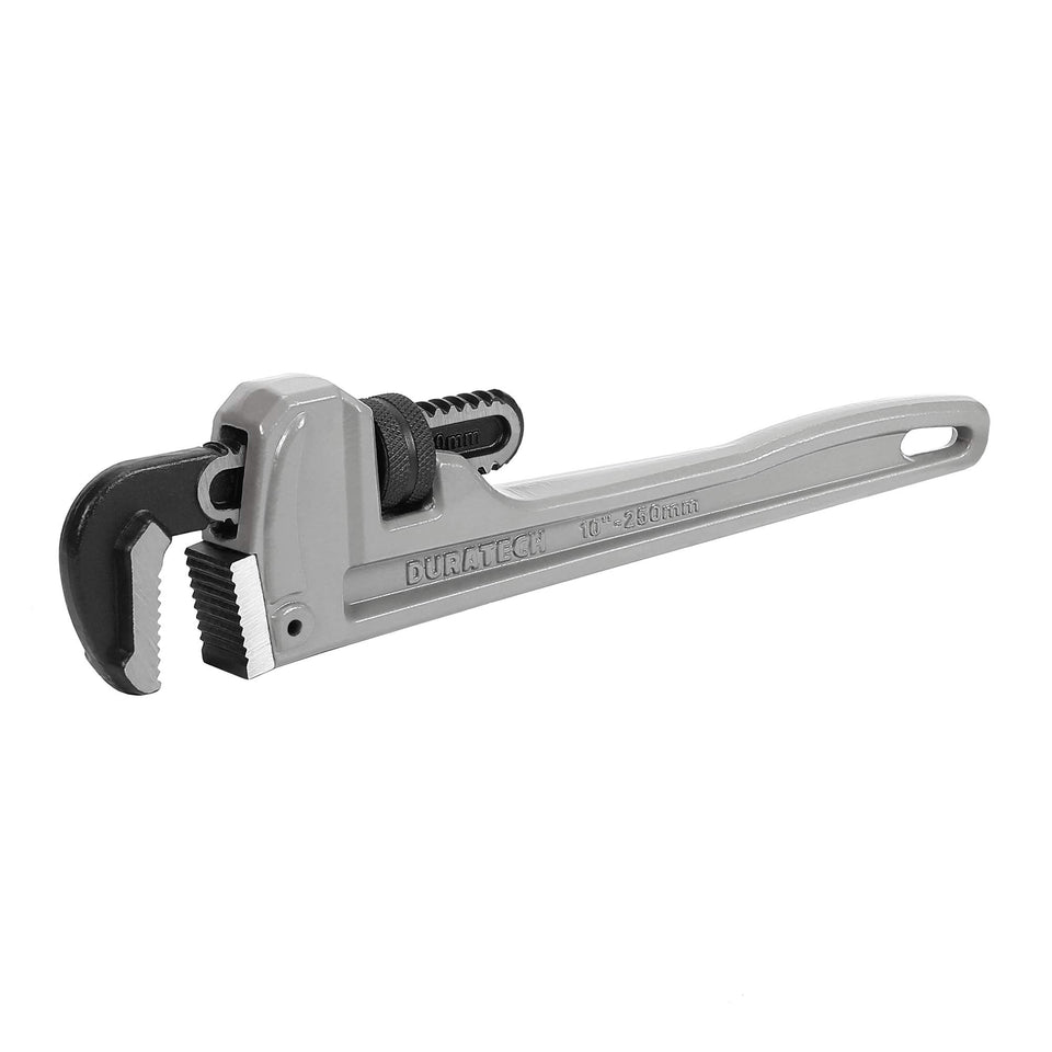 DURATECH 10-inch aluminum pipe wrench front view showing slim profile for tight spaces