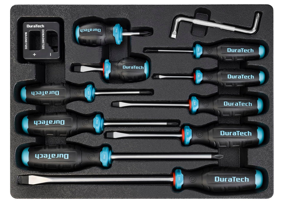 DURATECH 12-piece magnetic screwdriver set with compact tray for easy portability