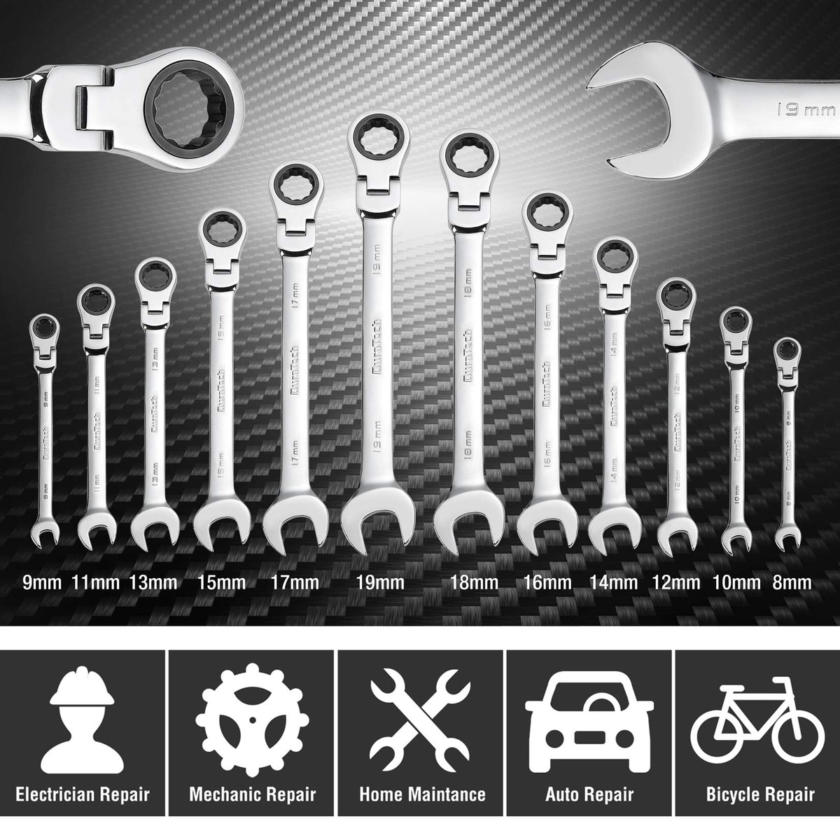 DURATECH 12-piece wrench set with sizes 8–19 mm organized for quick selection.