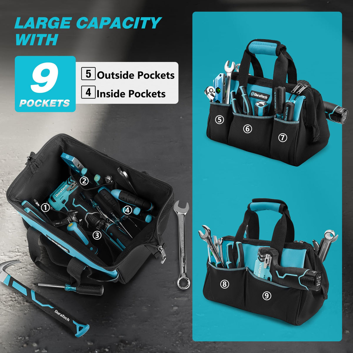 Rugged 600D fabric and reinforced base resist wear on tough job sites.