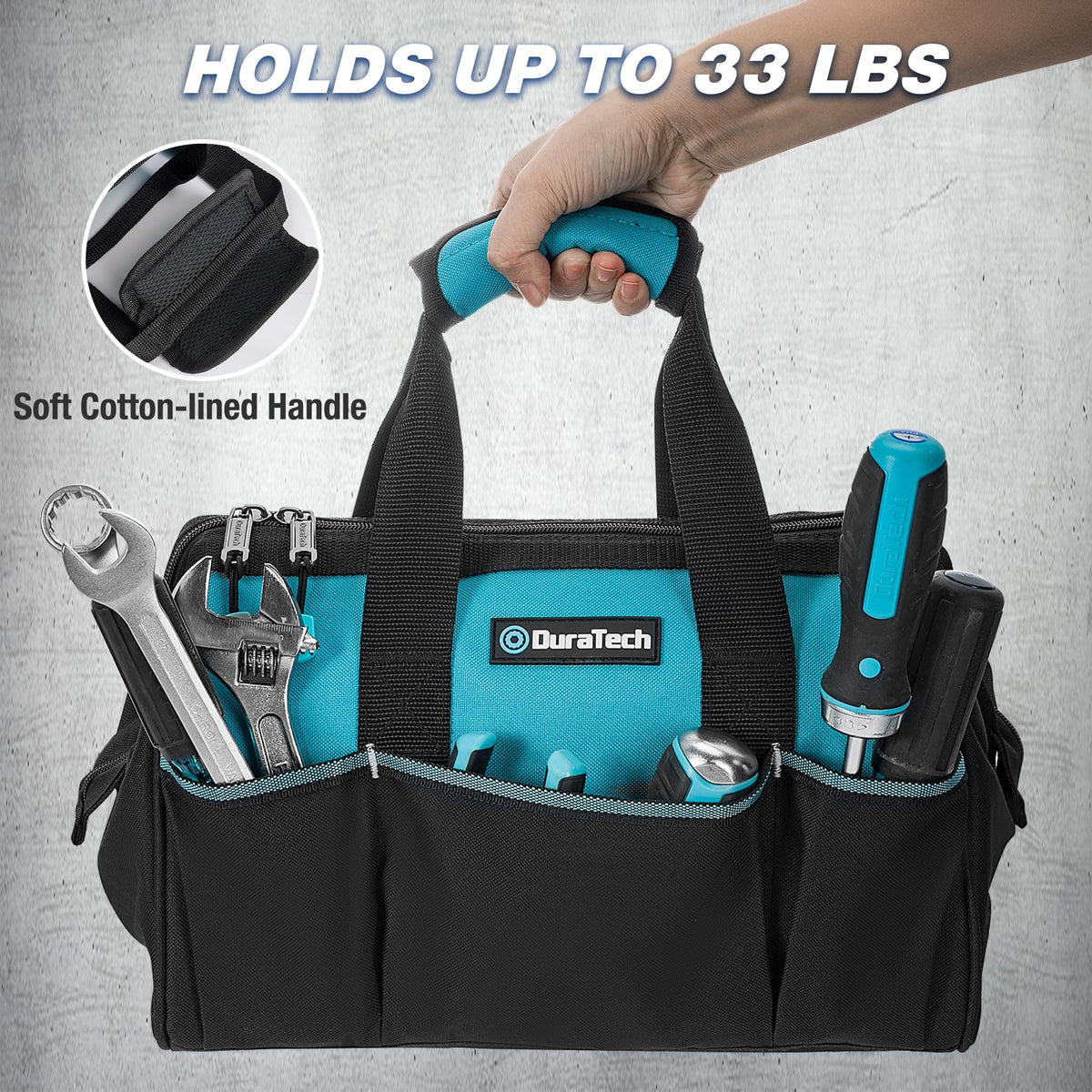 Interior organization in the DURATECH bag with 4 compartments for neat tools.