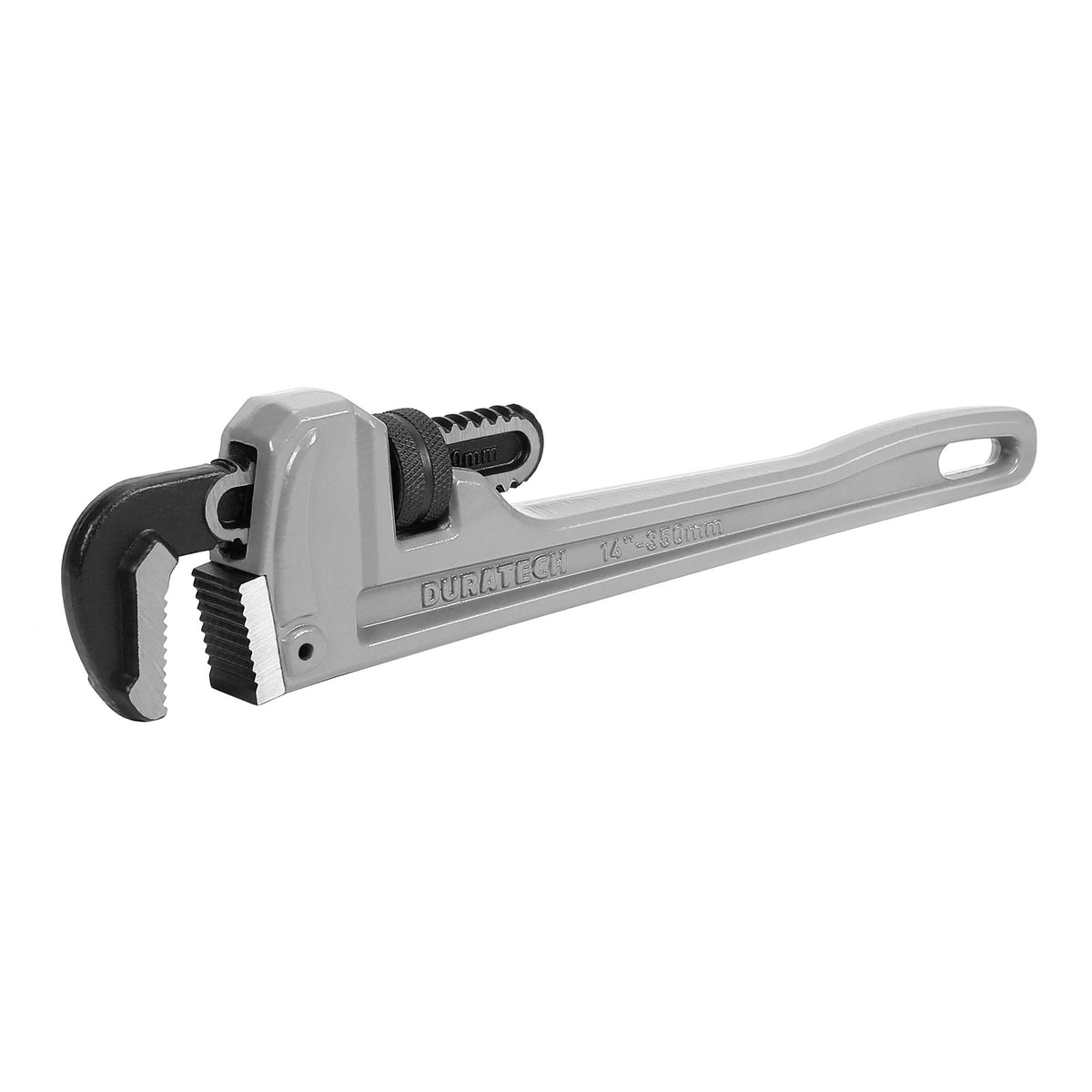 DURATECH 14-inch aluminum pipe wrench showing rugged durability and light weight for pro use.