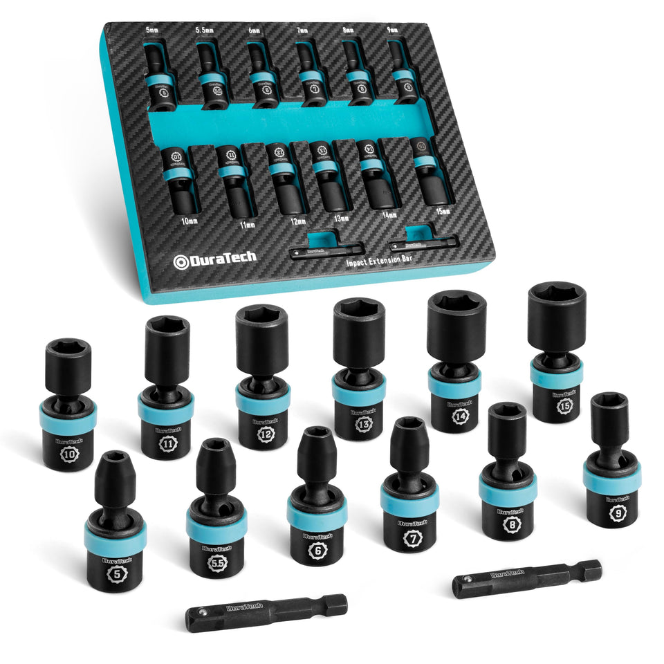 DURATECH 14-piece metric impact sockets organized in EVA foam tray for quick access.
