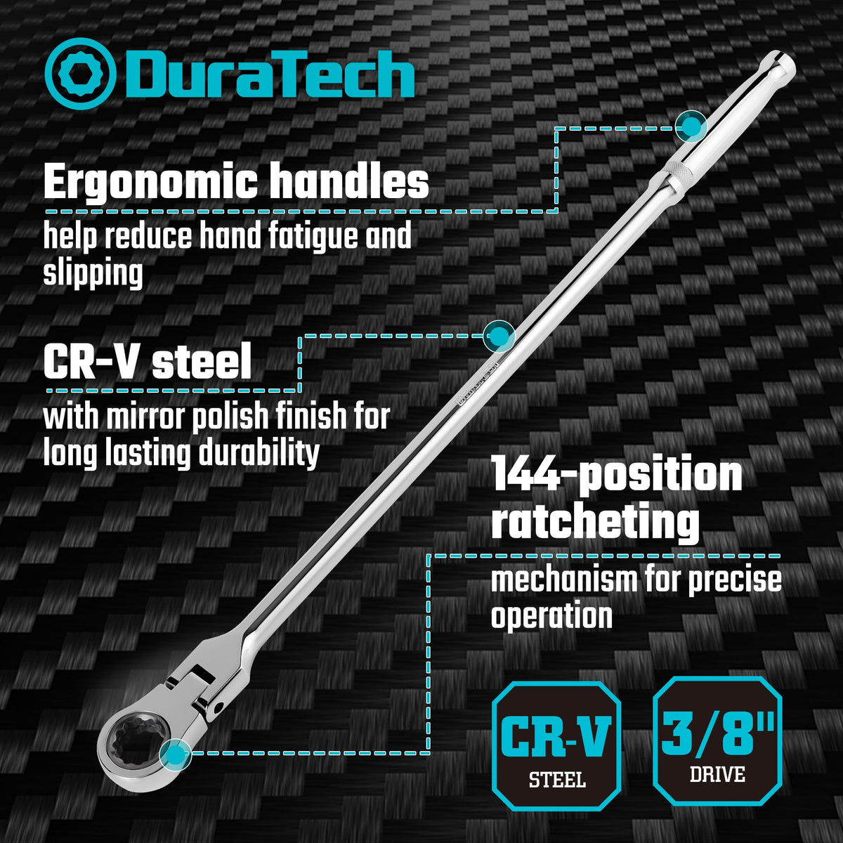 DURATECH 144-position ratcheting close-up showing precision and smooth engagement.