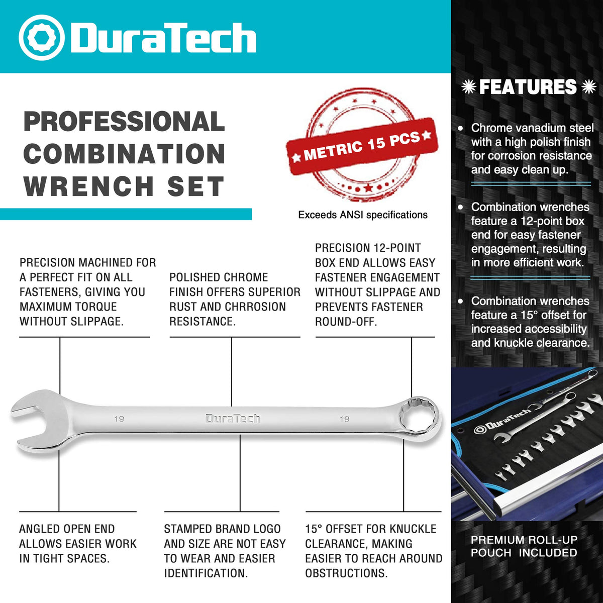 DURATECH wrenches with 15-degree offset for tight clearance.
