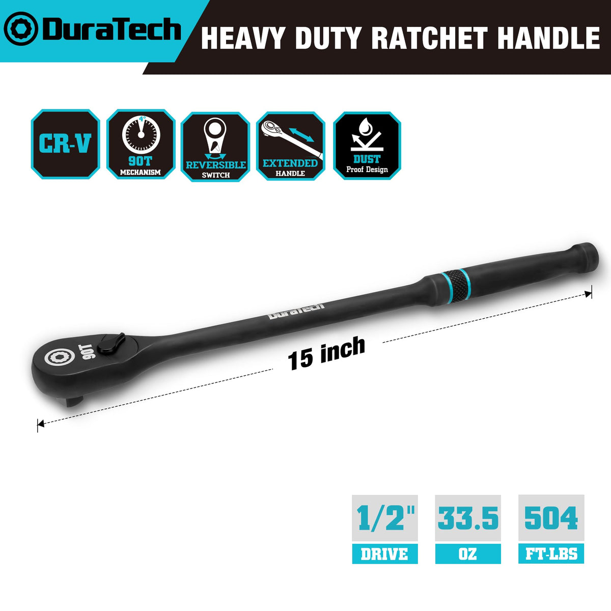 DURATECH 15-inch handle ratchet featuring a teardrop head for maneuverability