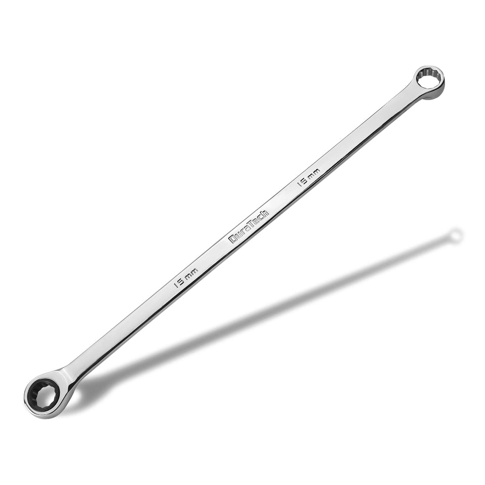 DURATECH 15mm extra long ratcheting wrench with box end offers extended reach for tight spots