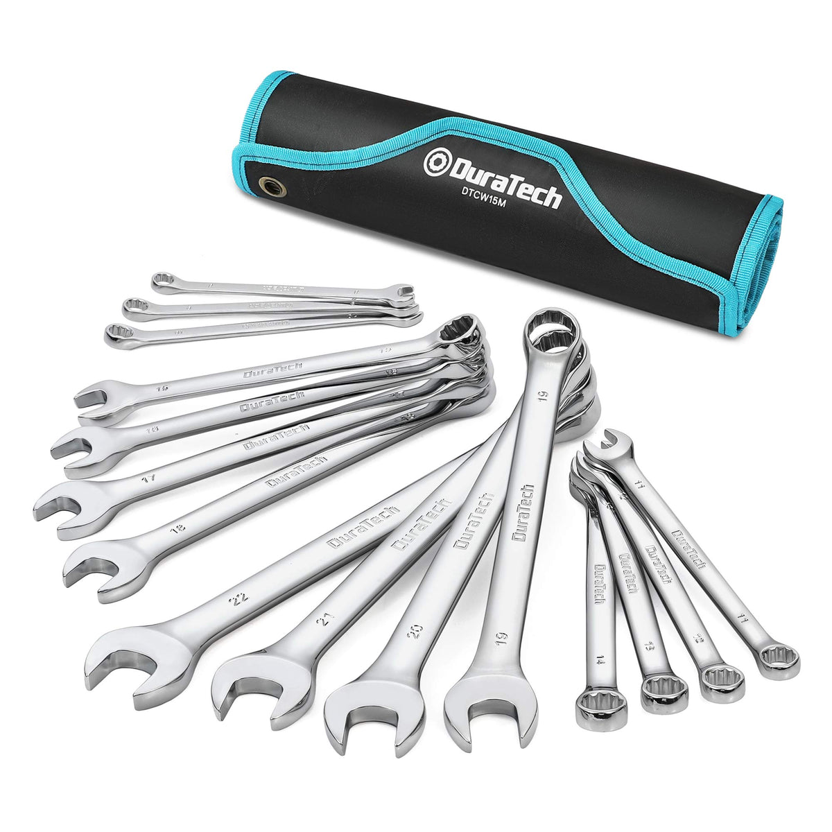 DURATECH 15-piece metric wrench set stored in a rolling pouch for portability.