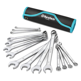 DURATECH 15-piece metric wrench set stored in a rolling pouch for portability.