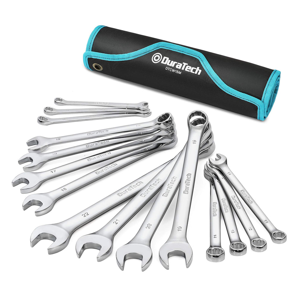 DURATECH 15-piece metric wrench set stored in a rolling pouch for portability.