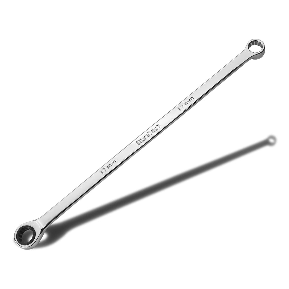 DURATECH 17mm extra-long ratcheting wrench with box-end for tight bolts.