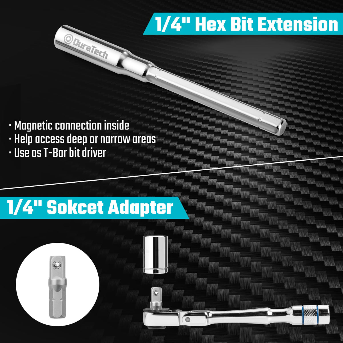 Duratech 180-degree flex head enables access to cramped areas