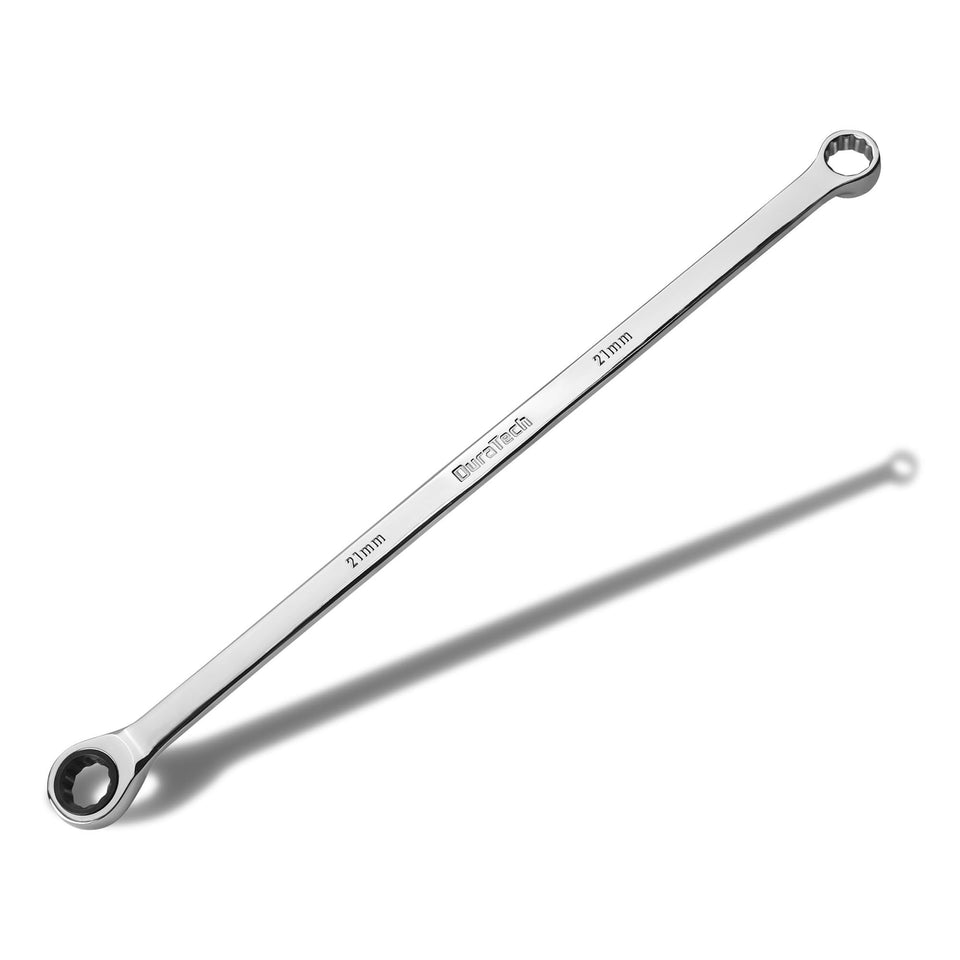 Duratech 21mm extra-long ratcheting box-end wrench for reaching tight automotive bolts.