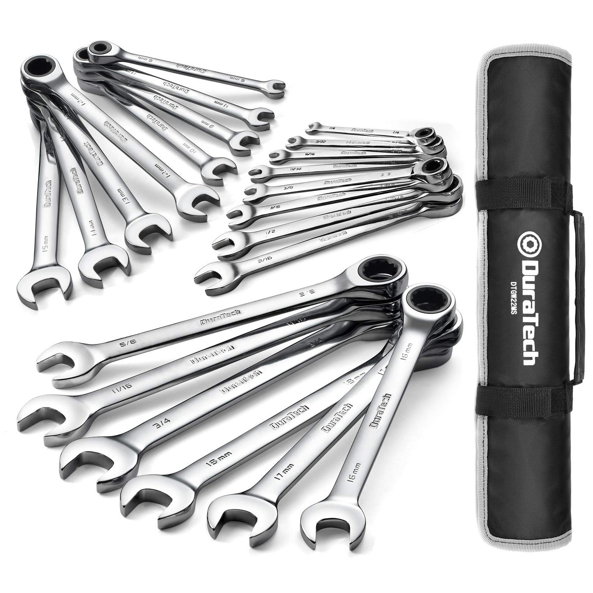 DURATECH 22-piece ratcheting wrench set with SAE and metric sizes for versatile repairs.