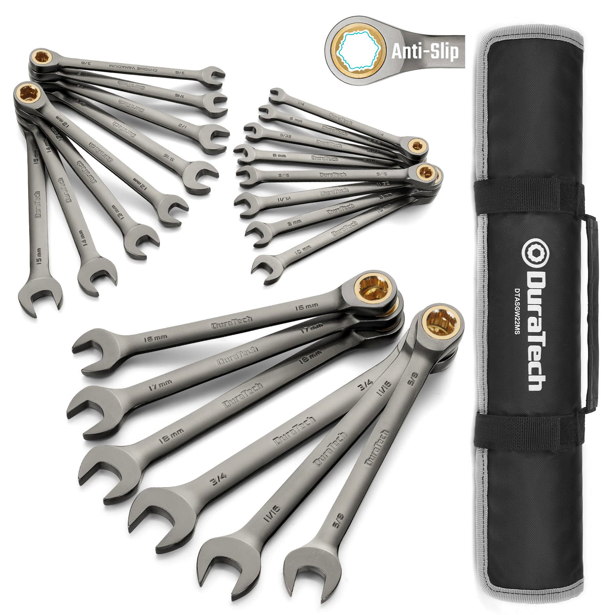 DURATECH 22-piece anti-slip ratcheting wrenches neatly organized in a roll-up pouch for quick access.