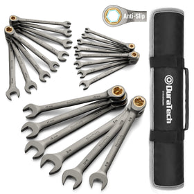 DURATECH 22-piece anti-slip ratcheting wrenches neatly organized in a roll-up pouch for quick access.