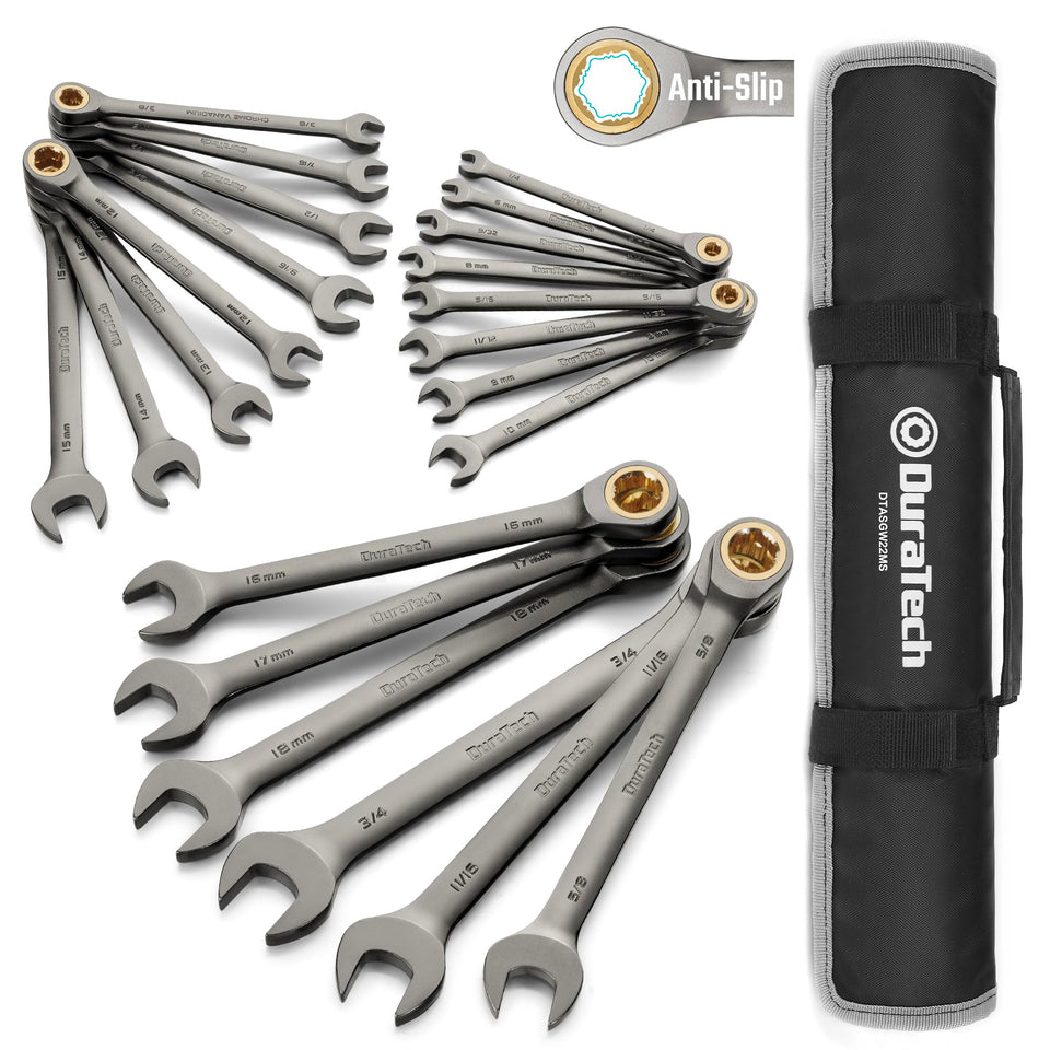 DURATECH 22-piece anti-slip ratcheting wrenches neatly organized in a roll-up pouch for quick access.
