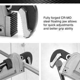 DURATECH 18-inch pipe wrench demonstrates extended reach and strong clamping power.