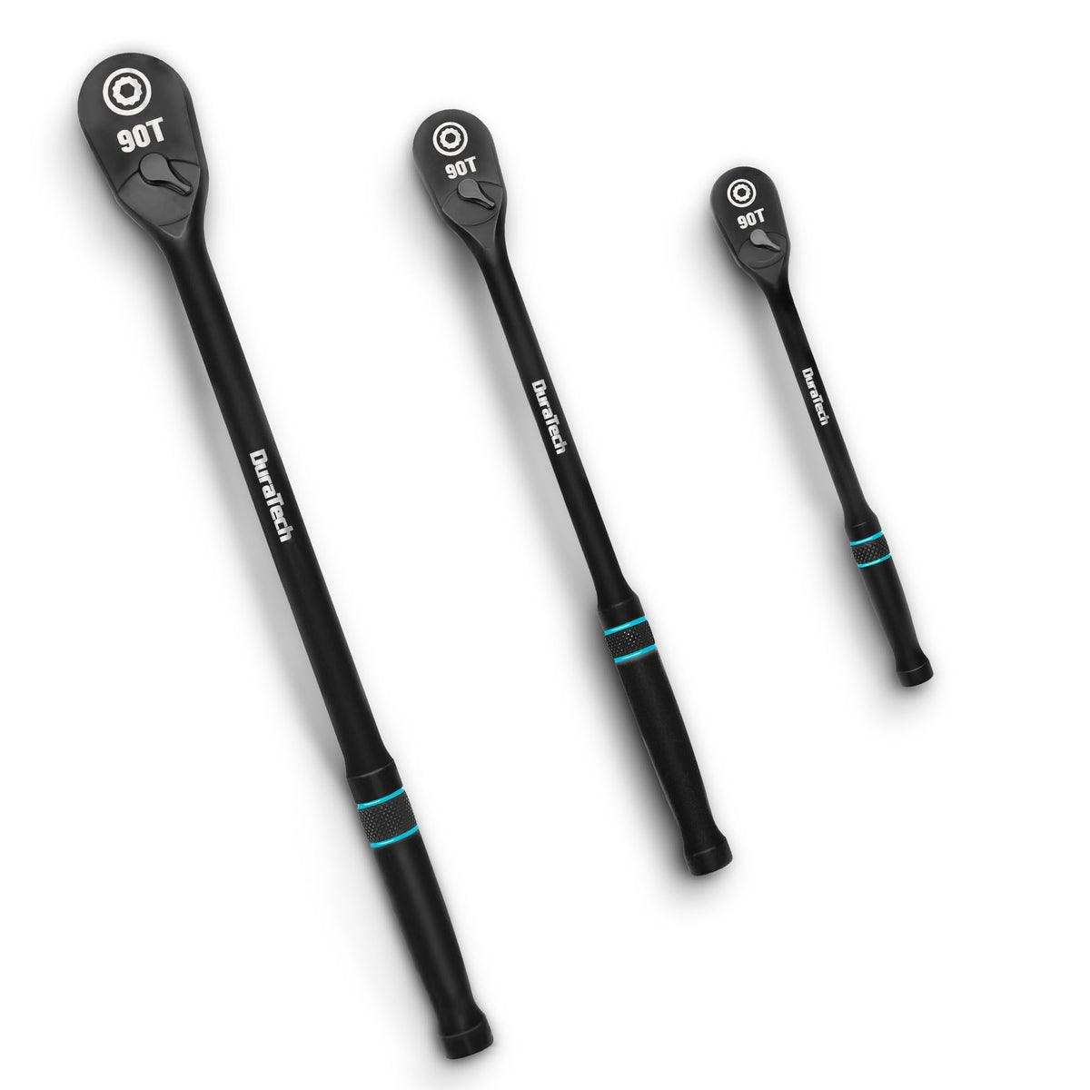 Duratech 3-piece ratchet set with extended handle for hard-to-reach bolts.