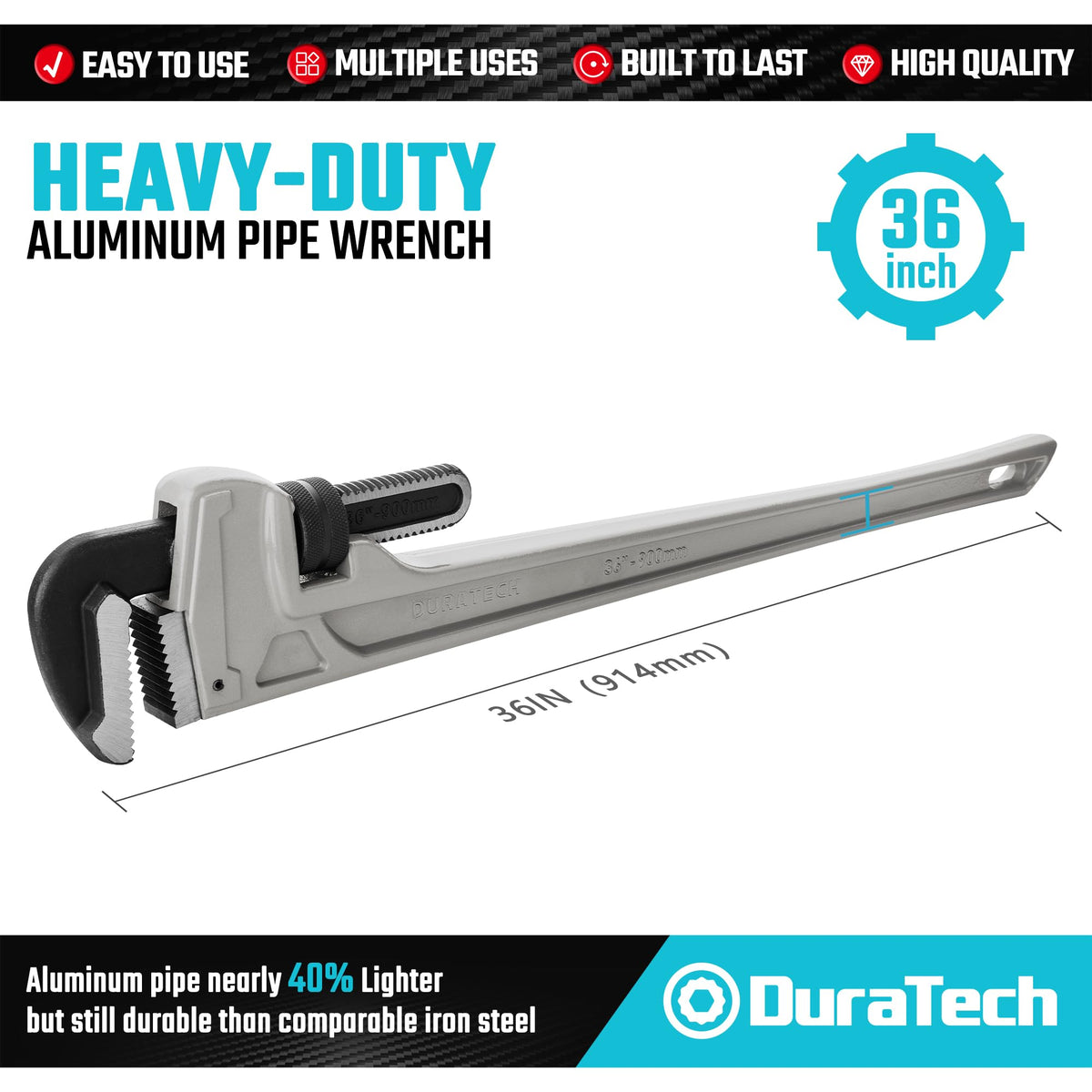 DURATECH pipe wrench jaw detail shows drop-forged strength for reliable grip