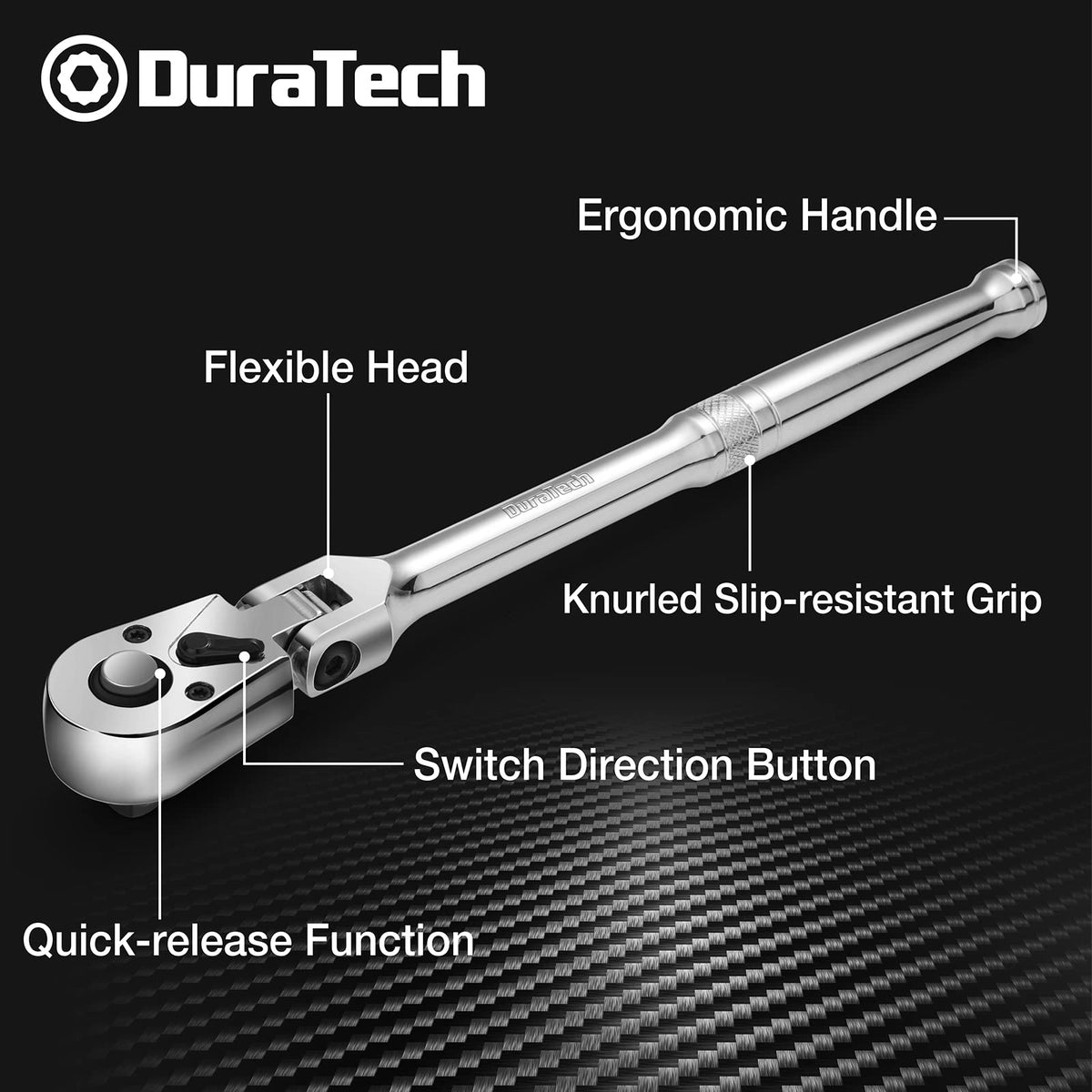 DURATECH 3/8-inch flex-head ratchet with 180-degree pivot for tight spaces.