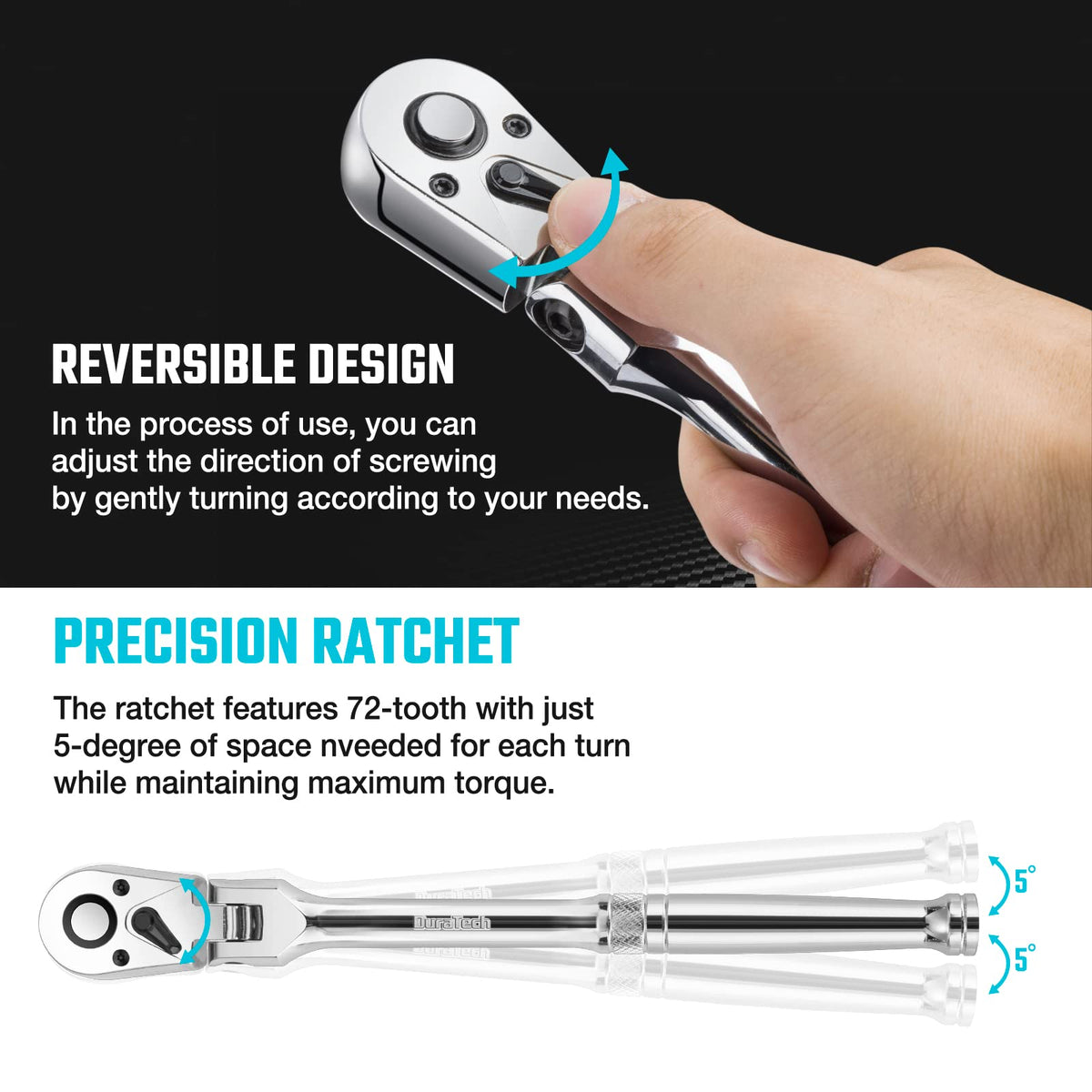 DURATECH 3/8-inch flex-head ratchet quick-release button enables easy socket changes.
