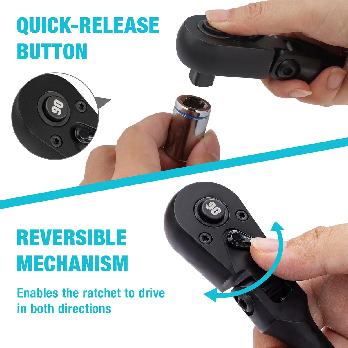 DURATECH reversible head with quick-release for one-handed use