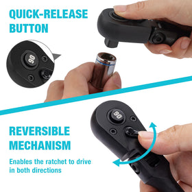 DURATECH reversible head with quick-release for one-handed use