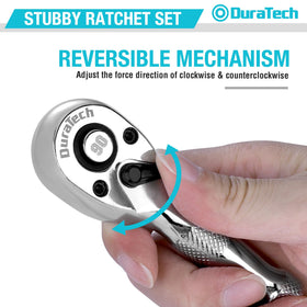 DURATECH 3PCS stubby ratchet set 1/2 drive closeup demonstrates heavy-duty capacity.