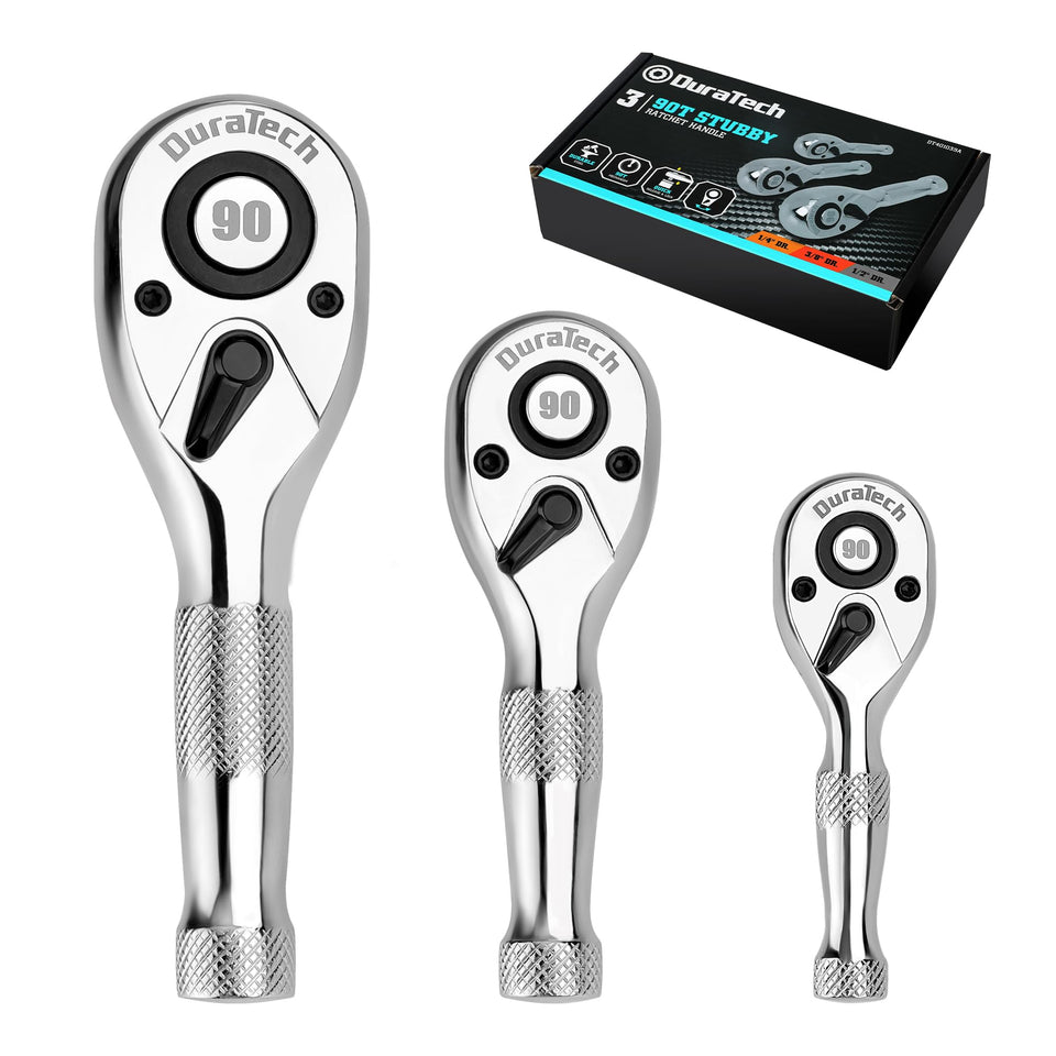 DURATECH 3PCS stubby ratchet set closeup shows compact design for tight spaces.