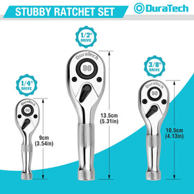 DURATECH 3PCS stubby ratchet set 3/8 drive closeup highlights versatile auto repair use.