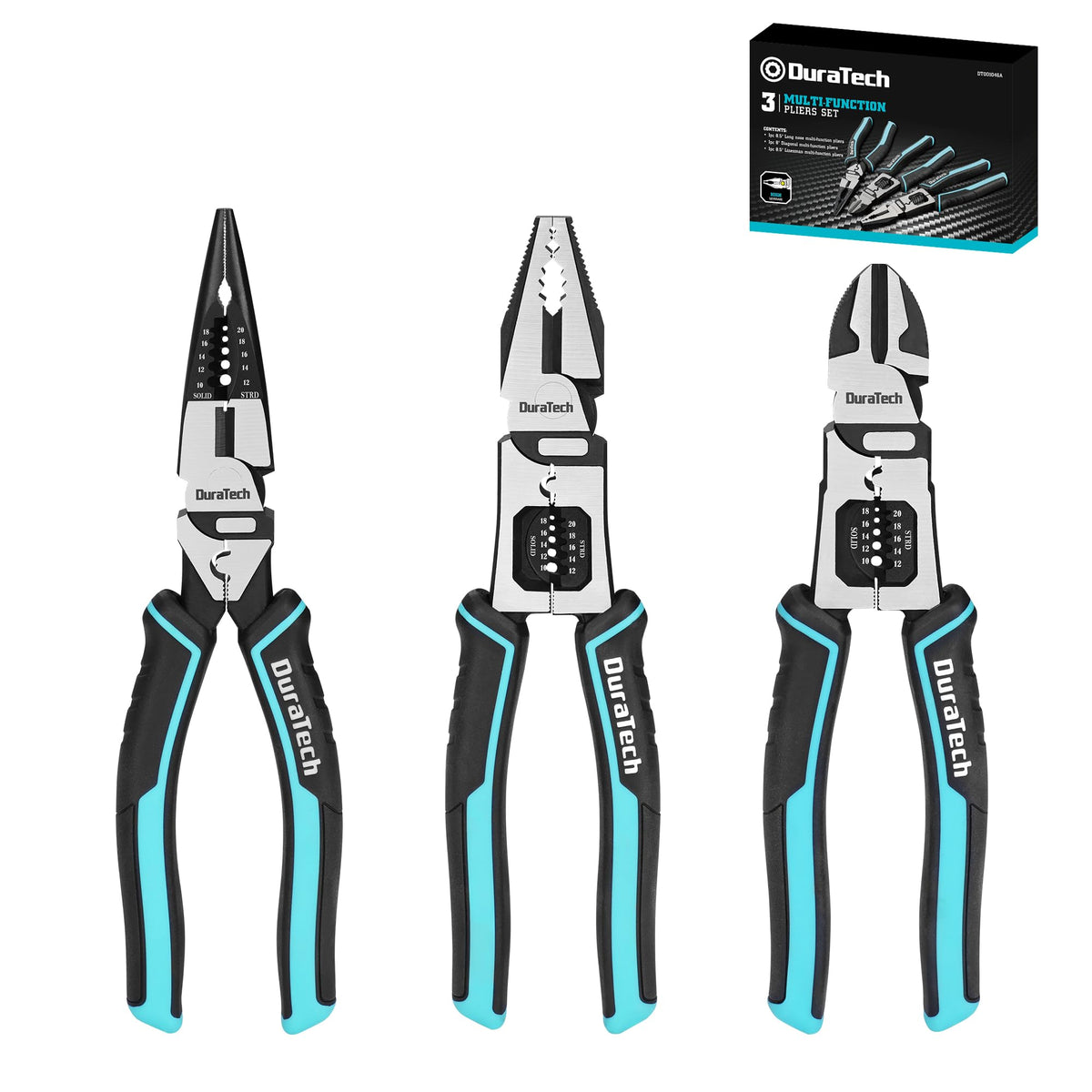 DURATECH 3-piece pliers set package showing a complete professional toolkit