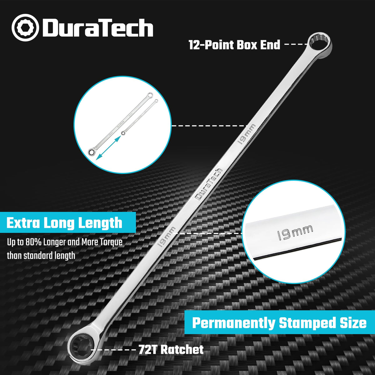 DURATECH 43 cm length enables torque in hard-to-reach bolts.