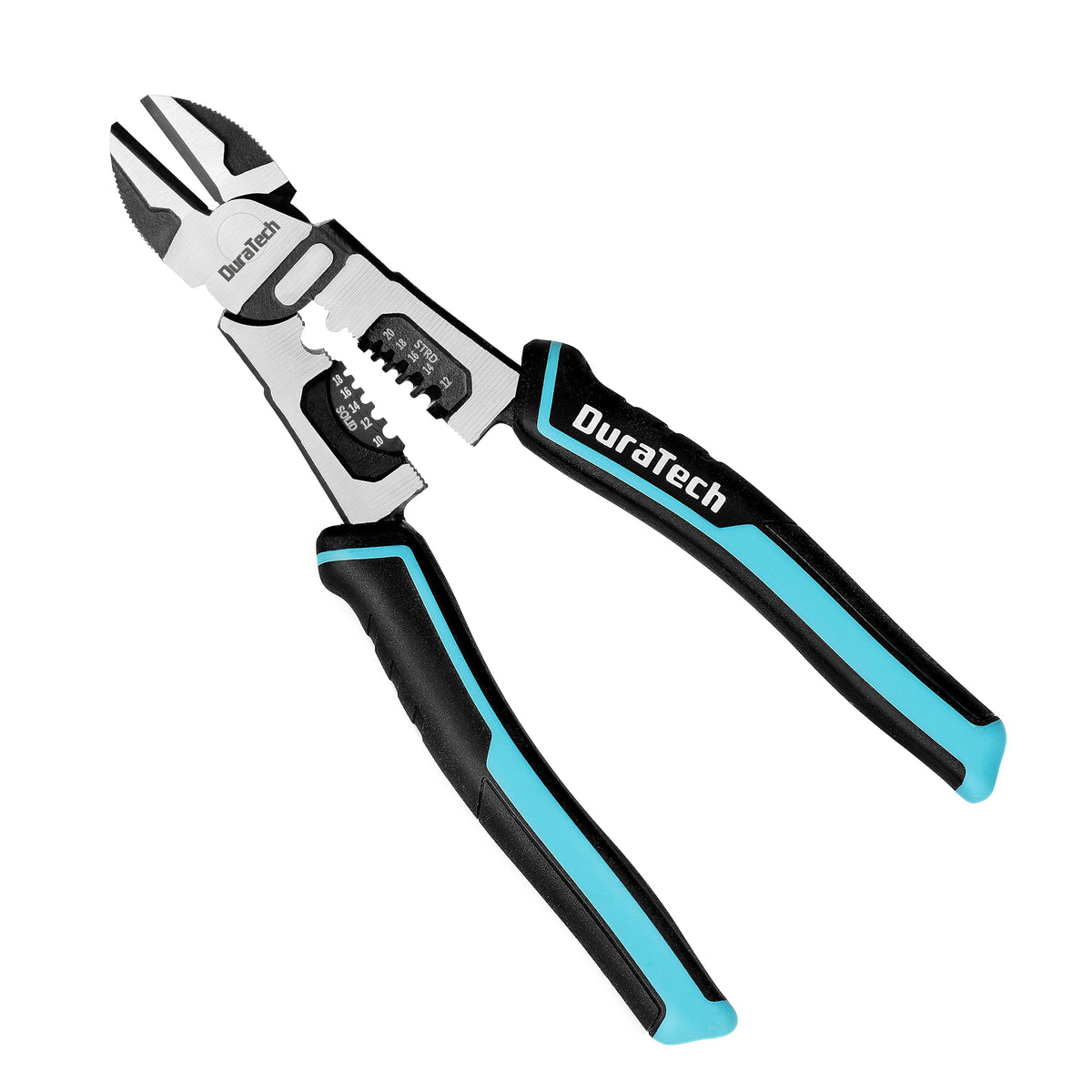 DURATECH 8-inch 4-in-1 diagonal pliers ready for precise wire cutting and stripping in workshops.